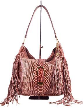 G.I.L.I. Leather Stirrup Sienna Cobra Fringe Hobo Bag Purse A271123‎